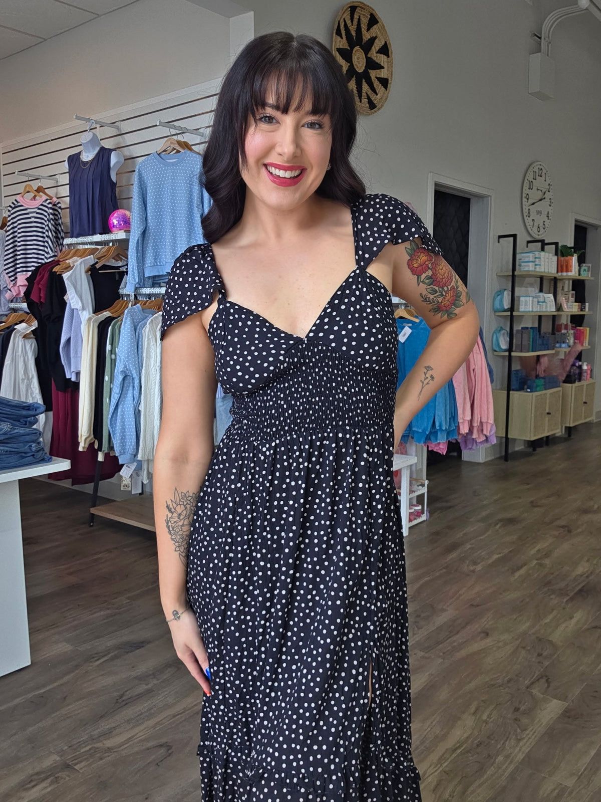 V Neck Polka Dot Midi Dress