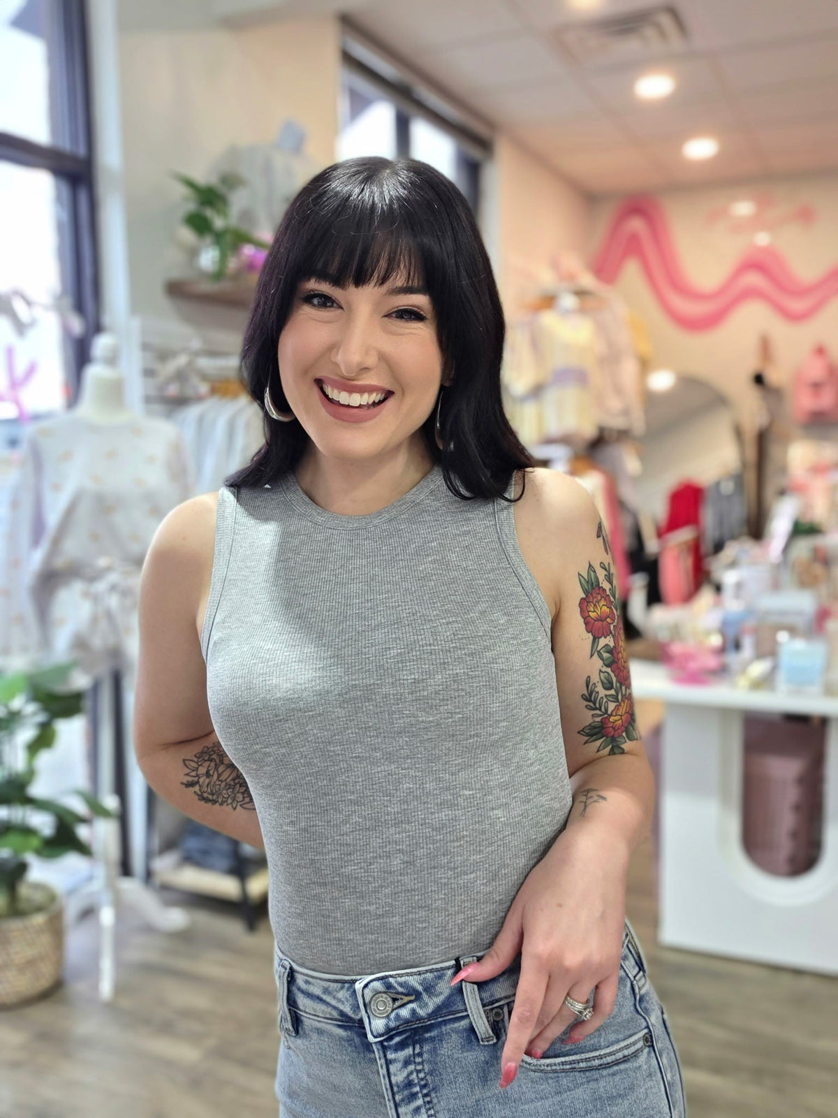 Round Neck Sleeveless Bodysuit Light Grey