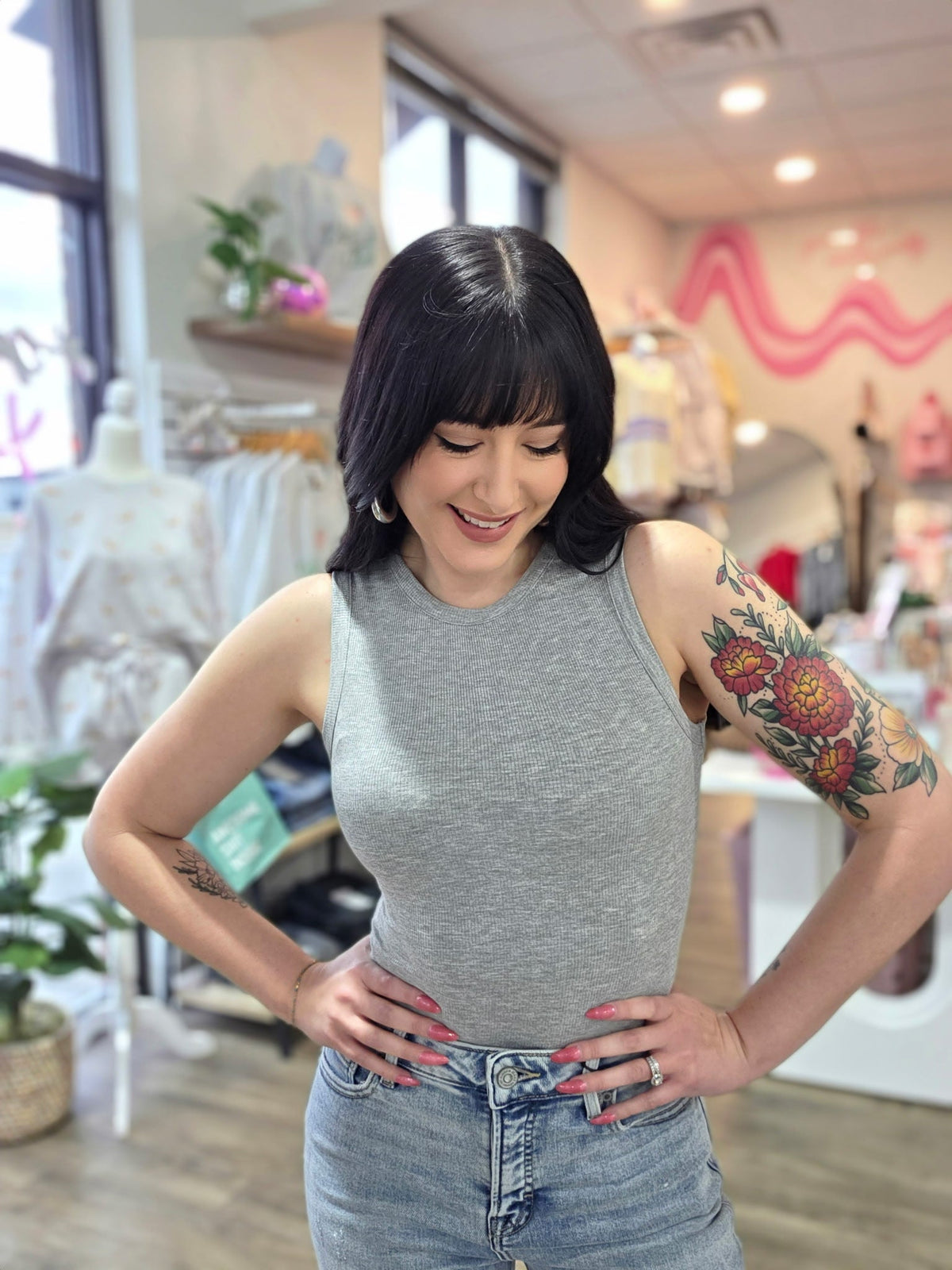 Round Neck Sleeveless Bodysuit Light Grey