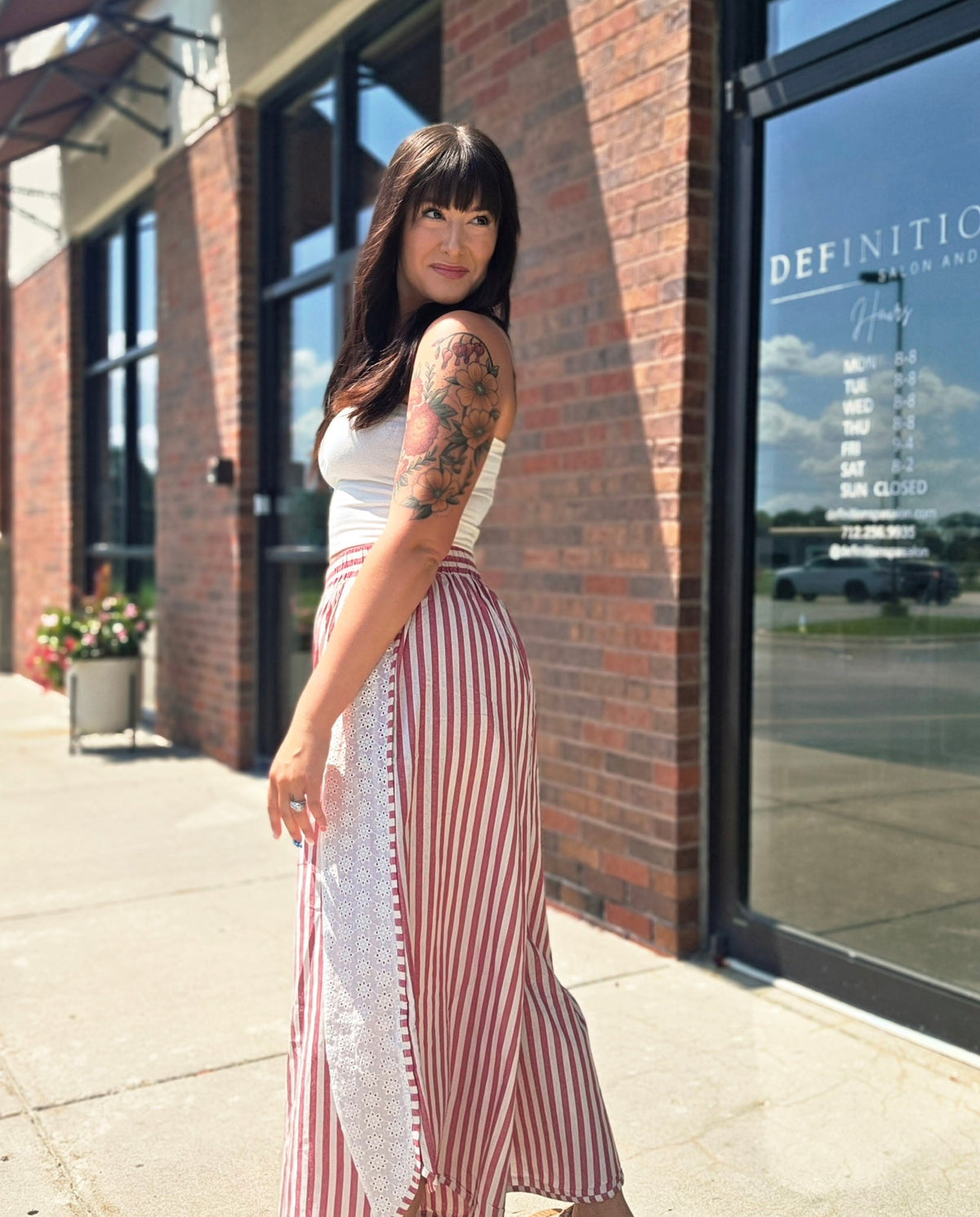 Wide Leg Striped Pants w/Side Floral Panel