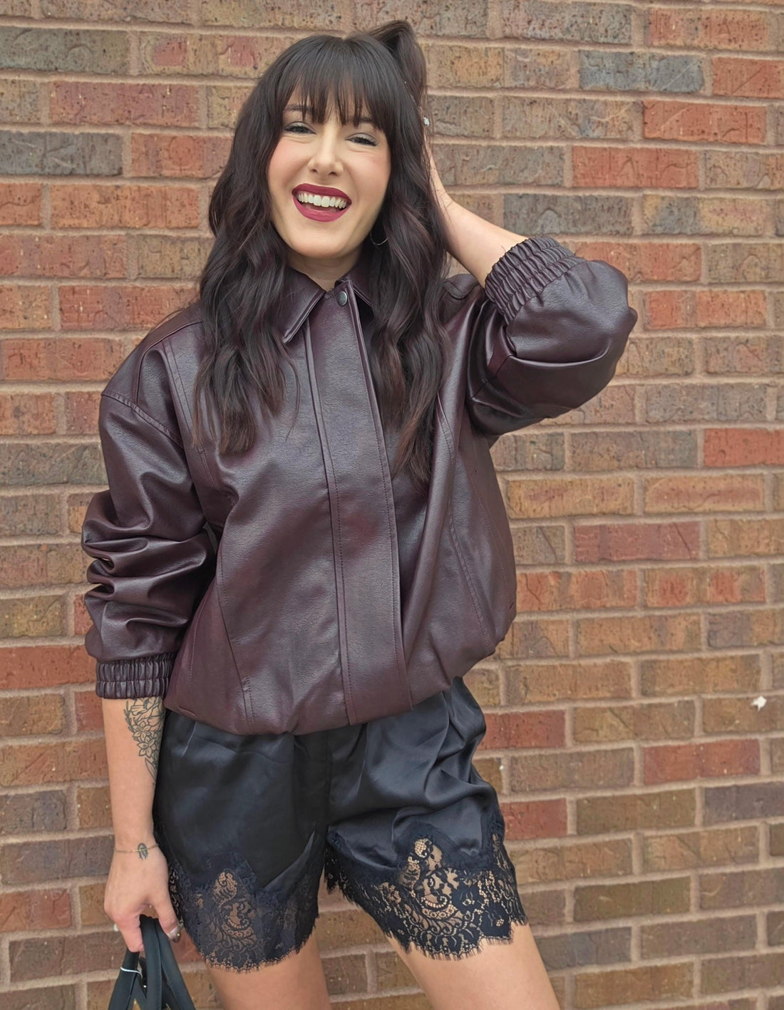 FAUX LEATHER COLLARED ZIP-UP BOMBER JACKET