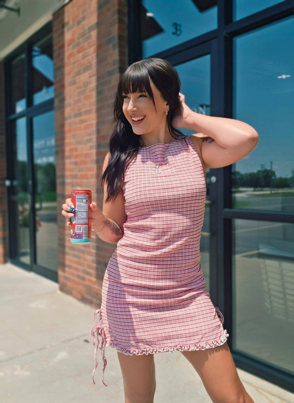 Lattice Drawstring Check Mini Dress